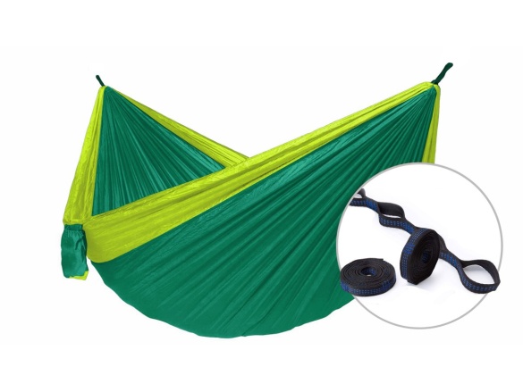 Hamaka Houpací síť pro dva Camping + Slap strap (zelený SET)