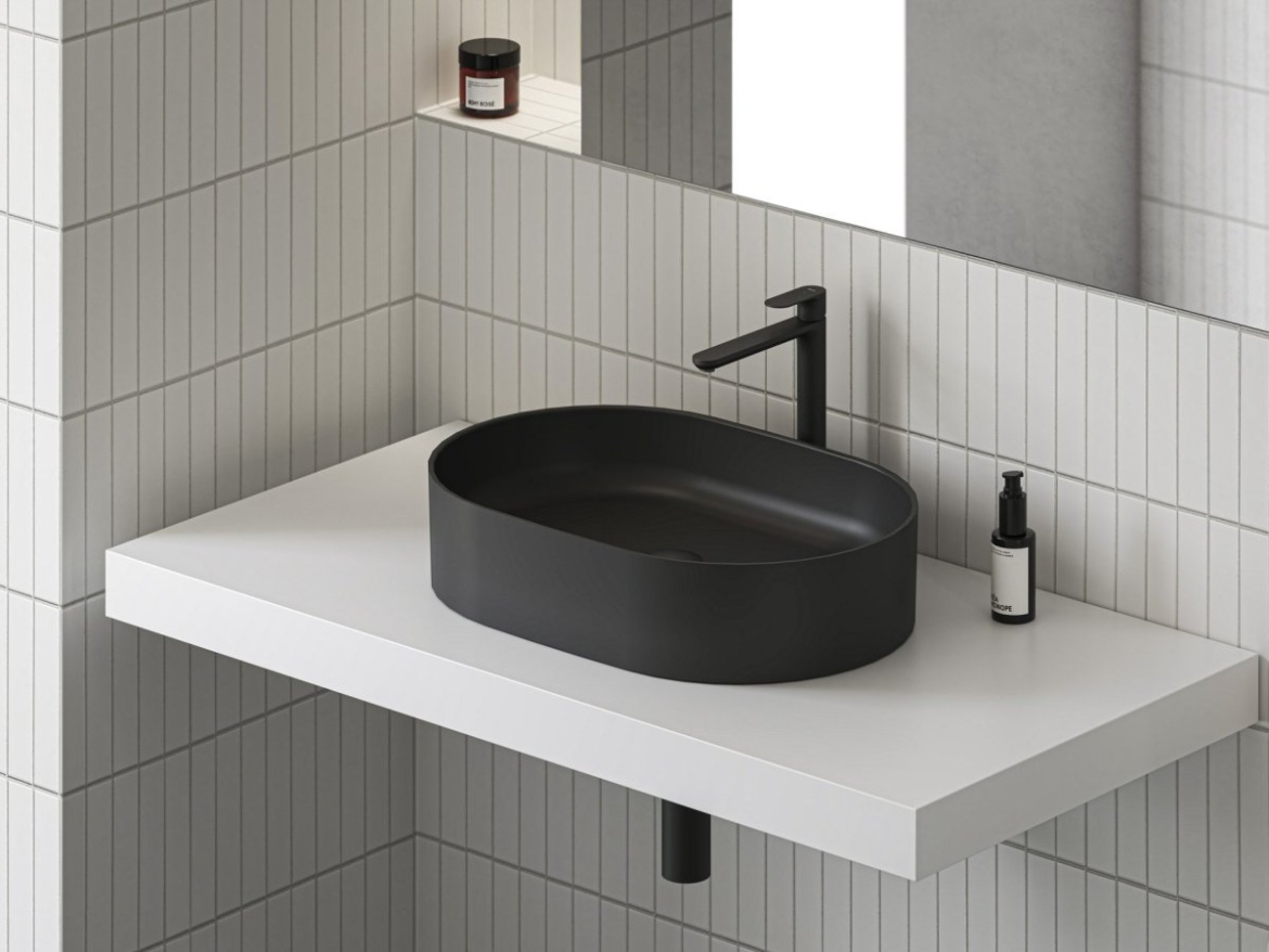 Ravak Umývadlo Ceramic Slim O 55, bez otvoru pre batériu, bez prepadu, čierna matná