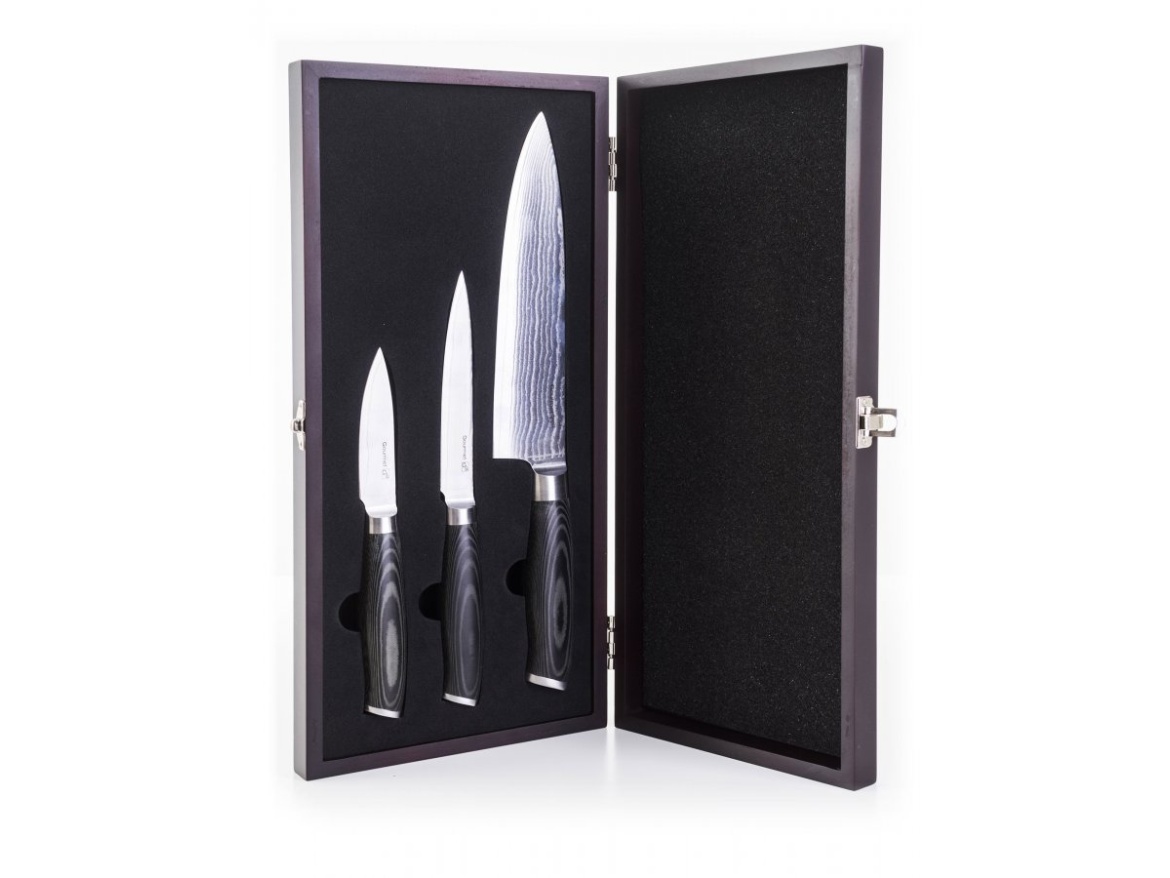 G21 Sada nožů  Gourmet Damascus v bambusovém bloku 3 ks + brusný kámen