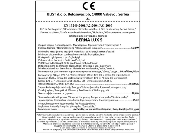 Blist Krbová kamna Blist Ekonomik LUX LM / BERNA LUX S + příslušenství