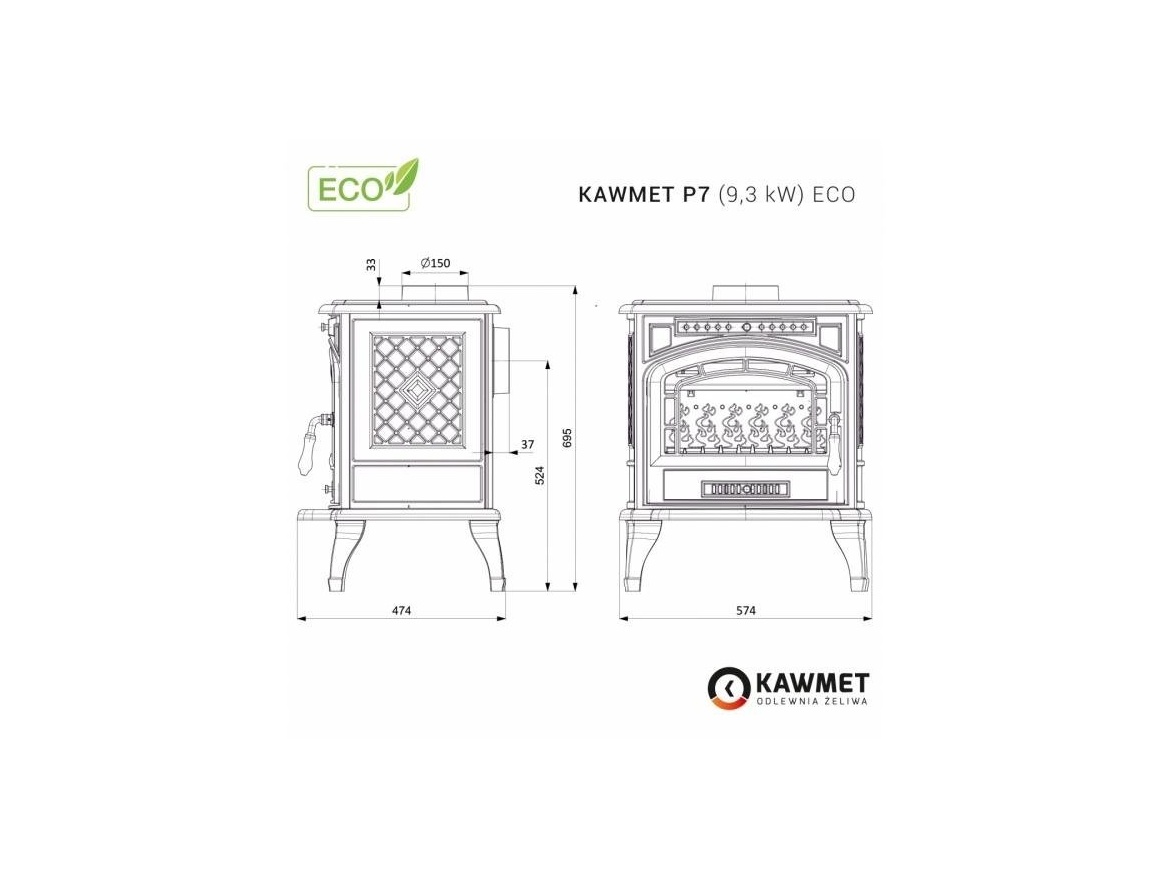 Kawmet Litinová krbová kamna P7 - 9,3kW ECO + příslušenství