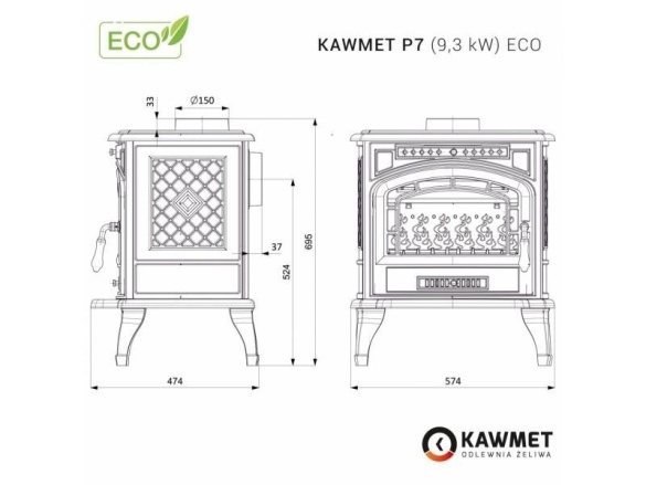 Kawmet Litinová krbová kamna P7 - 9,3kW ECO + příslušenství