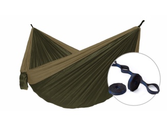Houpací sítě a křesla –  Hamaka Houpací síť pro dva Camping + Slap strap (hnědý SET)